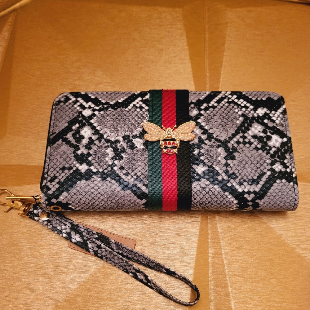 Red, Green, Black Bee Accented Designer Inspired Faux Snakeskin Wristlet Wallet.